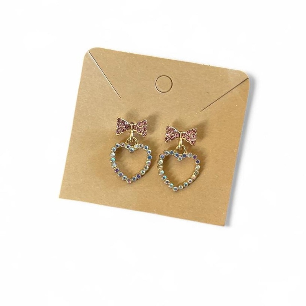 Rhinestone Bow & Heart Drop Earrings